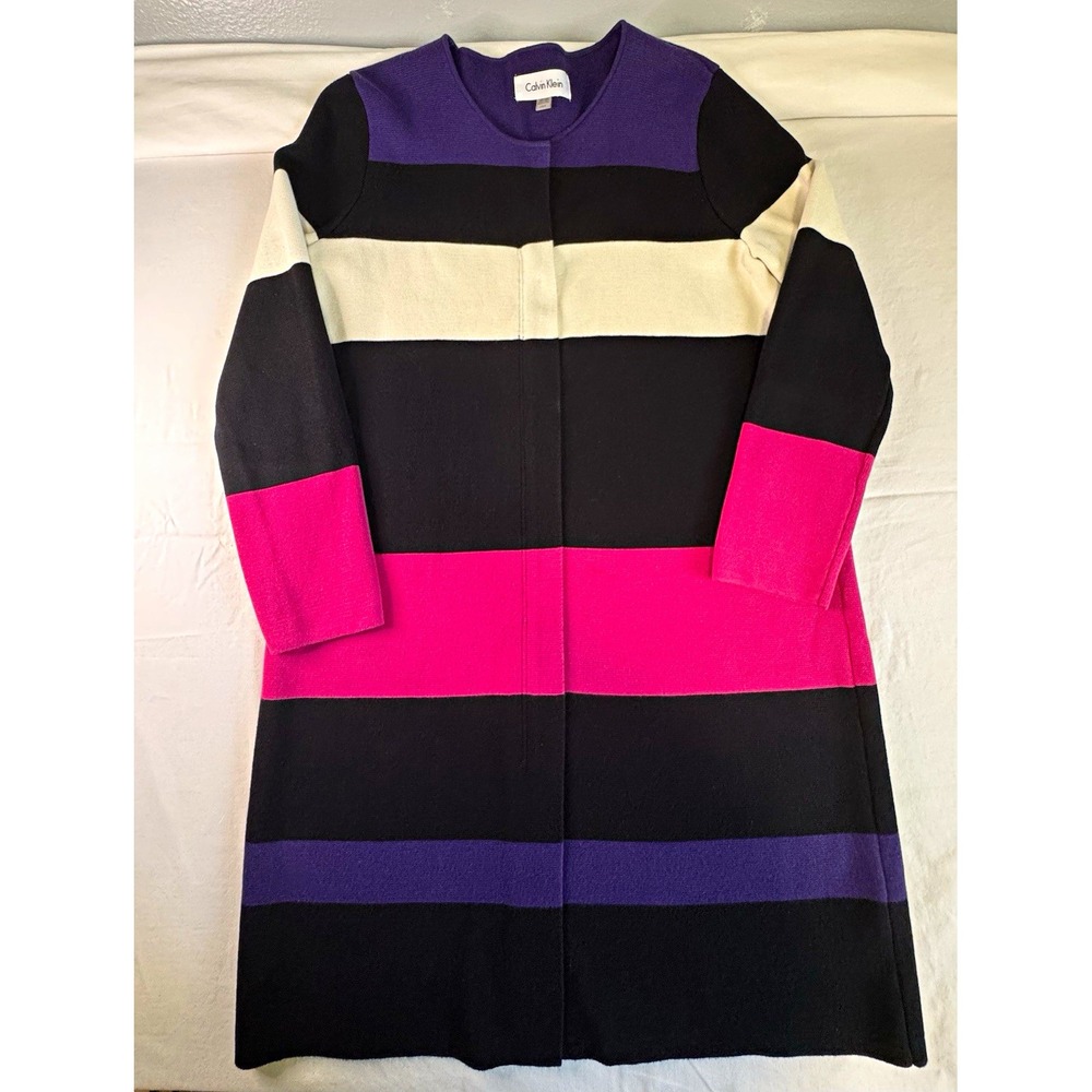 Calvin Klein Striped Knit Zip-Front Cardigan Sweater L Black Purple Pink